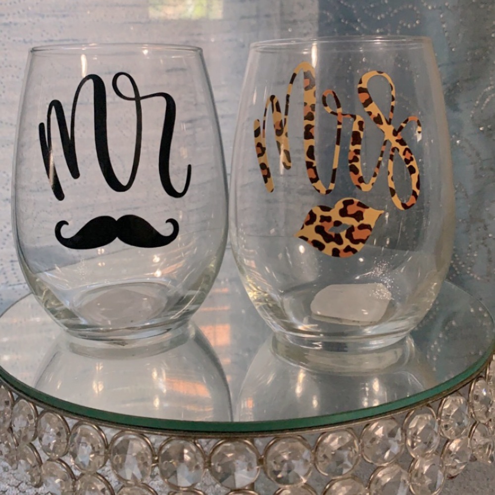 Mr. and Mrs. stemless wine glass.